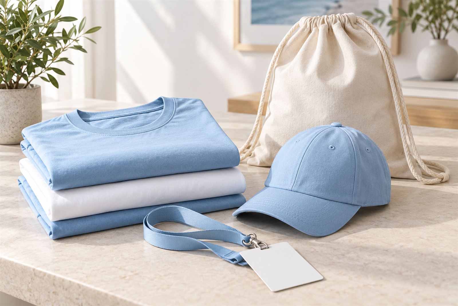 Camisetas, gorra, mochila de cuerdas y acreditación con cinta para eventos